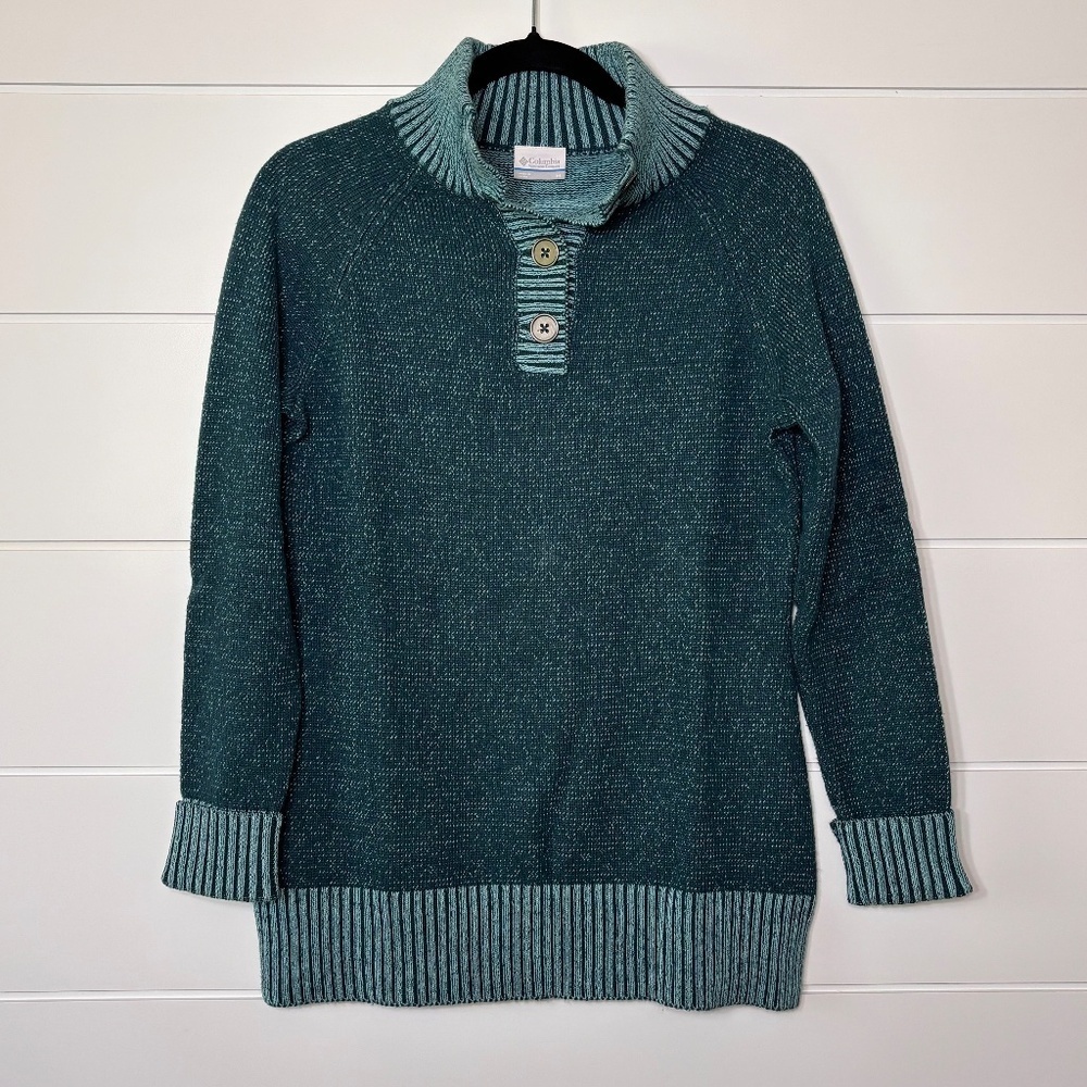 Columbia green cotton blend sweater ribbed hem and cuffs 1/4 button closure sz M
